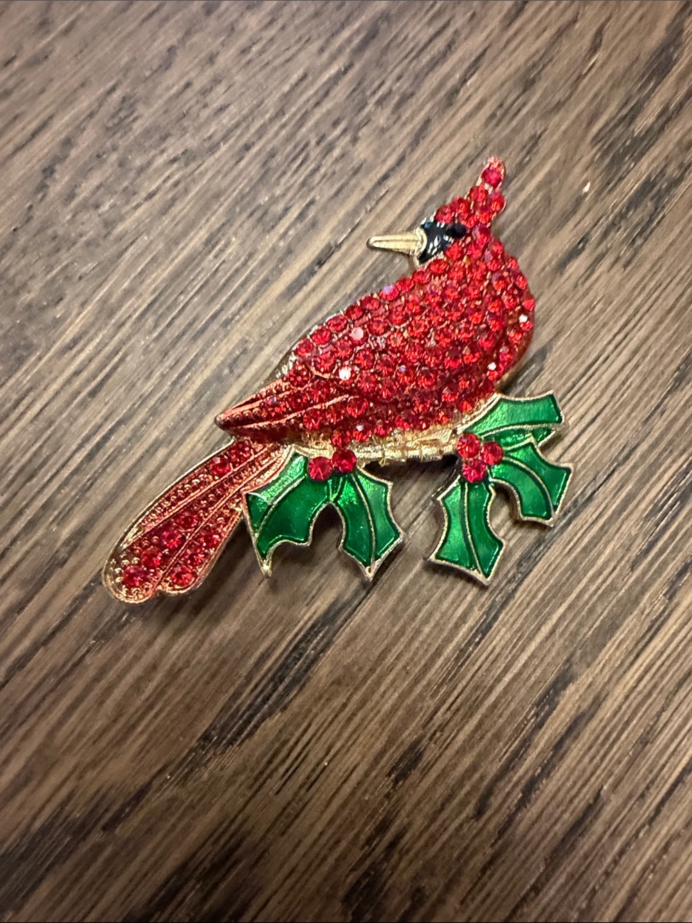 Festive Red Cardinal Brooch with Green Holly Accents